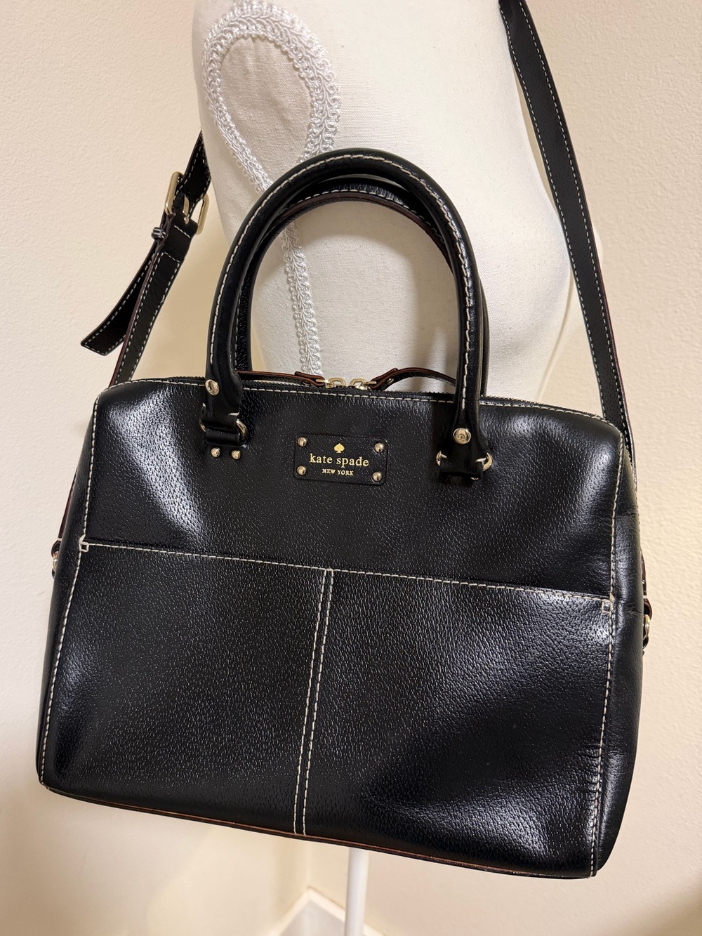 kate spade Black Leather Laptop Satchel Bag Gold Hardware Crossbody Purse Tote